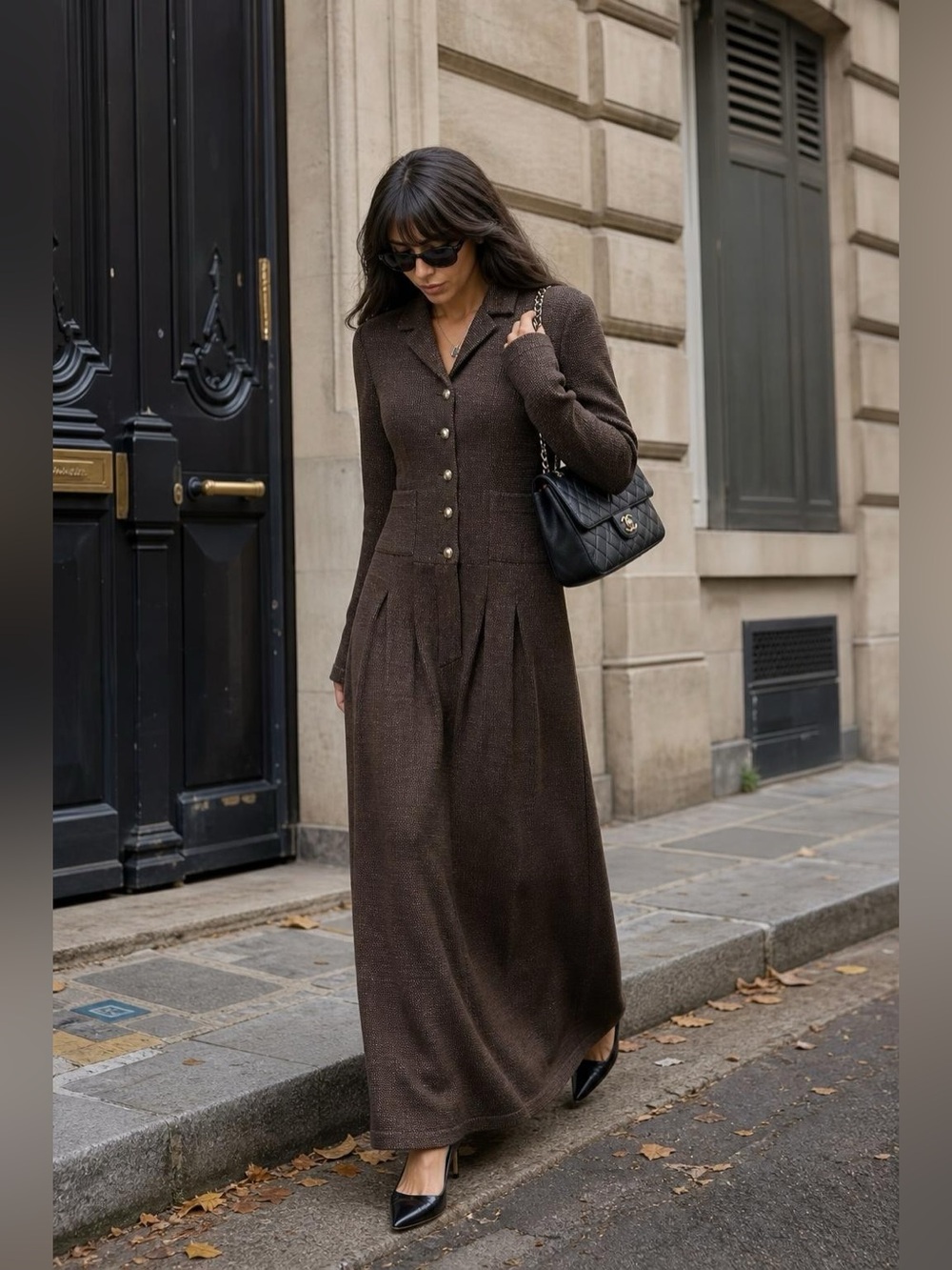 90s Wool Tailored Knit Blazer Column Dress Brown Silk-Lined Maxi